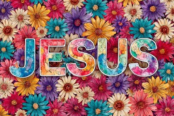Watercolor painting of the word JESUS in vibrant red and blue set against a background of hand-painted colorful flowers and botanical elements.