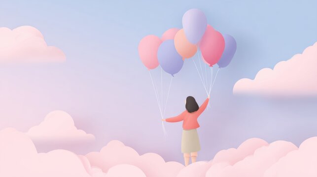 Woman floating in a dreamy cloudscape with colorful balloons representing joy, hope, and freedom for your creative projects