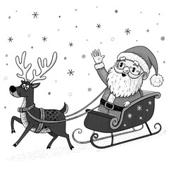 santa claus and reindeer. Santa Claus in a sleigh with a reindeer flying through a starry sky. Christmas vector art of Santa, his sleigh, and a reindeer.