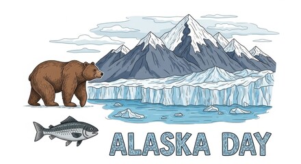 Illustration celebrating Alaska Day with a brown bear, salmon, icy glacier, and snowy mountains, symbolizing Alaskan nature, wildlife, and cultural heritage on October 18