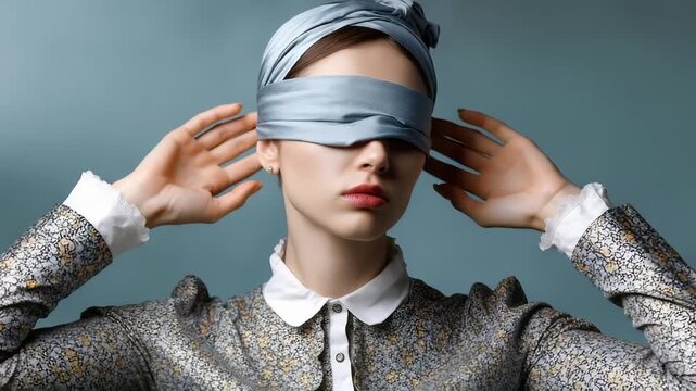 A woman with a blue blindfold over her eyes, wearing a patterned jacket and white collar, with hands raised.