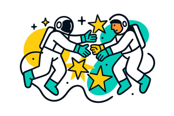 Fototapeta premium Astronauts' Teamwork. Team spacewalk. Two astronauts connected by safety tethers, one reaching to assist the other. Floating geometric stars