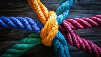 Colorful ropes intertwined, showcasing a vibrant knot against a weathered wooden background.