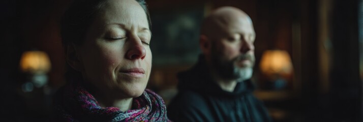 Fototapeta premium Meditation Session in a Cozy Room With Soft Lighting and Two Participants Focusing Silently on Their Inner Peace