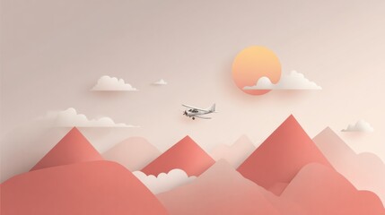 Dreamy airplane soaring over stylized mountains under a warm sunset sky, ideal for travel, adventure, and inspirational designs