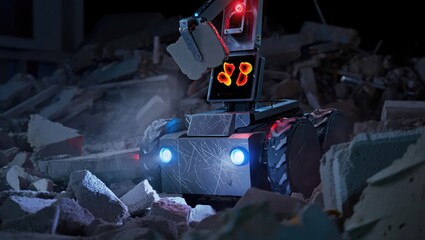Small rescue robot moves through rubble at night with glowing display, searching for survivors in collapsed buildings. Generative AI.