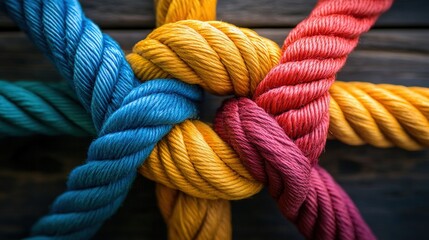A vibrant arrangement of intertwined ropes in blue, yellow, red, and orange, showcasing texture and color contrast against a dark background.