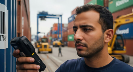 Scanning barcode on container during shipping logistics operation, inspection and documentation process. Shipping logistics require careful scanning for delivery confirmation and inventory control,