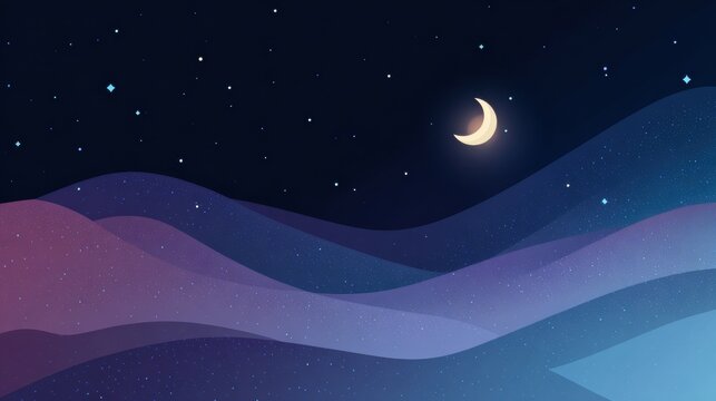 Dreamy night sky with glowing crescent moon and sparkling stars over rolling hills, perfect for digital art projects and serene backgrounds