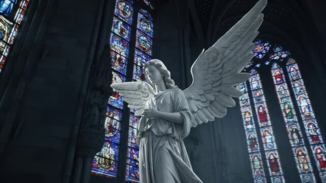 Stone angel statue in gothic cathedral with stained glass windows