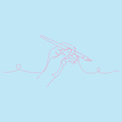 Obraz premium Minimalist line drawing of a hand holding a paintbrush with a flowing line on a soft blue
