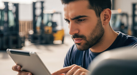 Man using tablet at warehouse for moving preparation, focused worker checks equipment, planning logistics for relocating equipment.