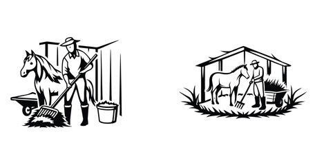 Fototapeta premium Minimalist line art sketch of a horse stable worker caring for a horse black silhouette style vector art design