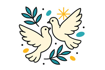 Obraz premium Glowing Doves Ascend. Peaceful Doves. Two glowing doves flying upward together, abstract floating olive branches and spark-like shapes surrounding them. Modern