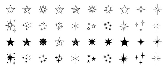 Celestial stars and sparkles icons collection set, including shooting star, comet, twinkle, glitter, galaxy, space, shiny symbols, vector illustration