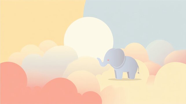 Adorable cartoon elephant standing in a whimsical, pastel cloud landscape, evoking calm, serenity, and childlike wonder for design projects