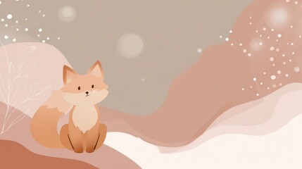 Charming fox illustration sitting peacefully with soft, abstract background perfect for children's books, nursery decor, and branding projects