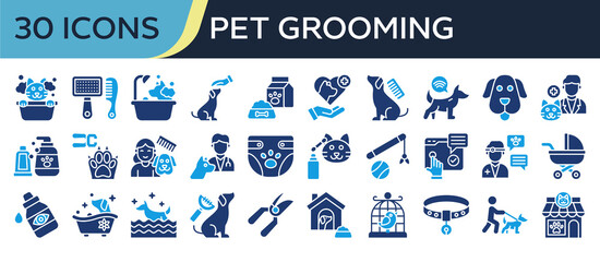 Collection of Pet Grooming icons, related to Cat bath, Pet Brush, Pet food, Pet care, Veterinarian and more. Solid icons vector illustation.