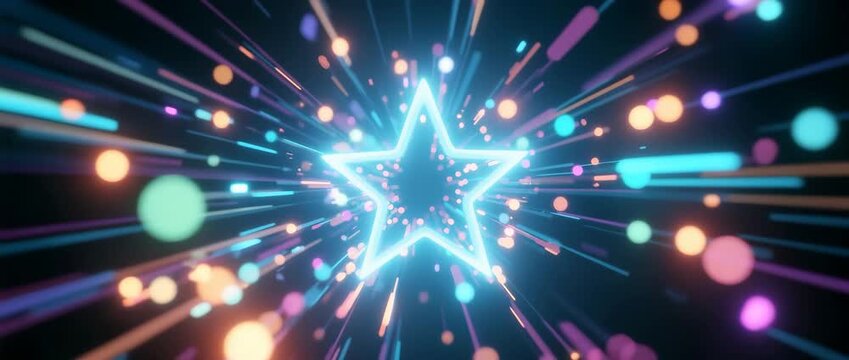 Bright fractal stars glow with blue energy in an abstract motion background loop of neon light