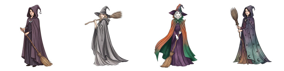 Fototapeta premium Set of isolated women wearing witch cloaks holding brooms for Halloween 