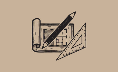 Hand drawn architectural blueprint with pencil and ruler sketch