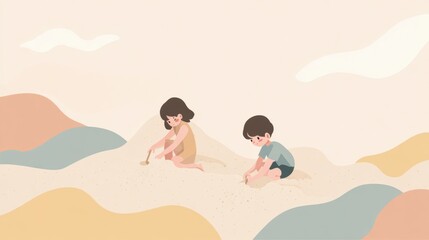 Two children playing in the sand, creating a joyful and heartwarming summer scene, evoking childhood memories and happiness