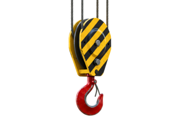 Heavy duty industrial crane hook with yellow and black stripes isolated on transparent background