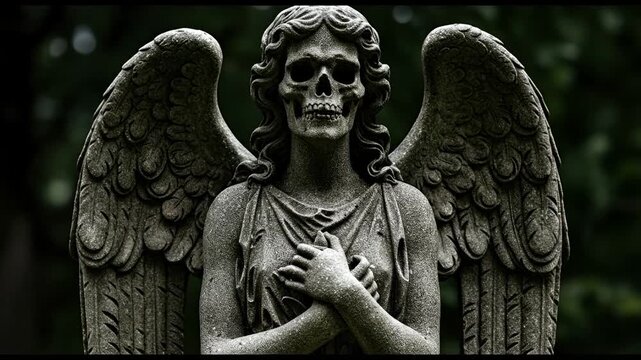 Stone angel statue with skull face and wings in outdoor setting
