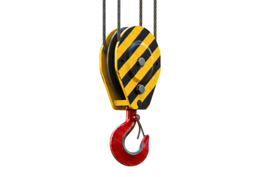 Heavy duty industrial crane hook with yellow and black stripes isolated on transparent background