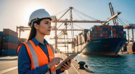 Confident harbor worker at port with digital tablet wearing hard hat and safety vest, supervising shipping operations. Harbor worker monitors work processes near cargo ship and shipping containers.