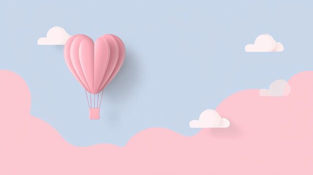 Romantic pink heart-shaped hot air balloon soaring through a dreamy pastel blue sky with fluffy clouds, perfect for love themes - Powered by Adobe