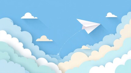 Paper airplane soaring through bright blue sky with fluffy clouds, symbolizing new beginnings, freedom, and adventure