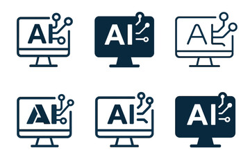 AI Business Logos. Artificial intelligence in business. Set Logo of digital strategy: computer monitor with AI diagram. harmonious logo variations of the same