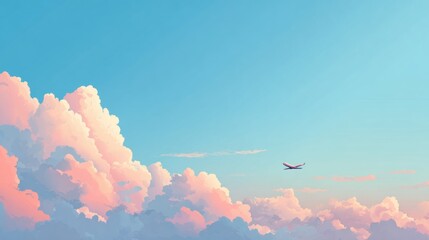 Dreamy pastel sky with fluffy clouds and a plane soaring above; perfect for travel, vacations, and inspiring designs