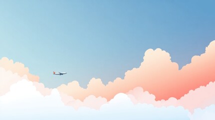 Flying airplane soaring above colorful clouds against a serene blue sky, perfect for travel and vacation concepts