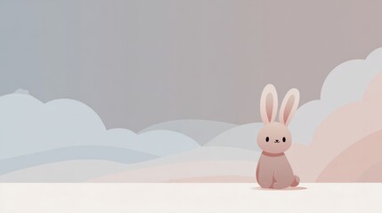 Fototapeta premium Adorable cartoon bunny with soft pink fur sitting peacefully in a dreamy pastel landscape, perfect for children's designs