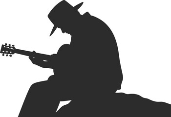Cowboy sitting on a rock playing acoustic guitar outdoor vector illustration silhouette 