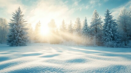 A breathtaking winter landscape featuring snow-covered trees illuminated by sunlight, creating a serene and magical atmosphere.