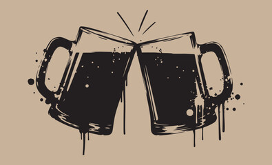 Two dark beer mugs clinking together in a toast with a grunge artistic style