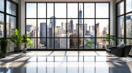 Empty Modern Office Panoramic City Skyline View Two Black Chairs Plants