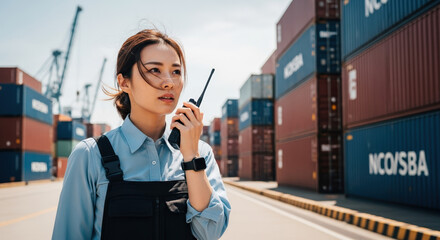 Moving day with confident port worker, overseeing shipping containers. Moving day preparation in import and export businesses, with worker holding walkie talkie to coordinate container movements.