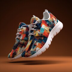 Colorful Athletic Shoes with Painted Texture on Brown Background