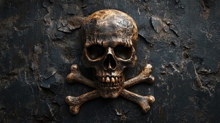 A detailed skull sculpture with crossed bones against a dark, textured background, evoking themes of danger and mortality.