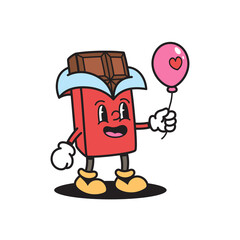 Cartoon Chocolate Bar Holding Pink Heart Balloon Character with Joyful Expression on Transparent...