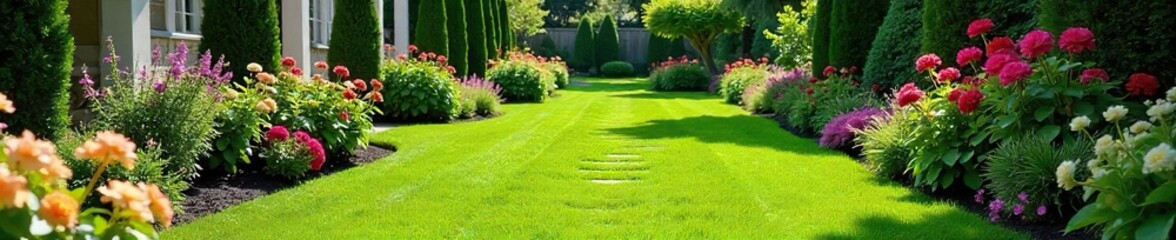 Lush Green Lawn, Vibrant Flowerbeds, and Stone Pathway A Beautifully Landscaped Residential Garden
