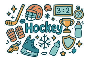 Hockey Doodle Collection. Hockey. Hand-drawn doodle illustration of Hockey. Hockey stick, puck, skates, helmet