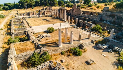 Obraz premium ruinas romanas vistas desde una toma aérea tipo dron, representadas con precisión arqueológica. Restos de templos, columnas fracturadas, muros de piedra erosionados y mosaicos parcialmente visibles