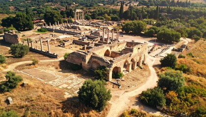 Fototapeta premium ruinas romanas vistas desde una toma aérea tipo dron, representadas con precisión arqueológica. Restos de templos, columnas fracturadas, muros de piedra erosionados y mosaicos parcialmente visibles