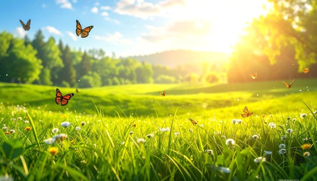 Fototapeta Butterflies in green meadow