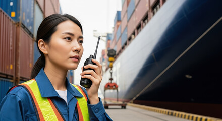 Asian worker communicates with walkie talkie near container ship. Walkie talkie helps coordinate operations during logistics and freight transport, ensuring smooth relocation of goods.